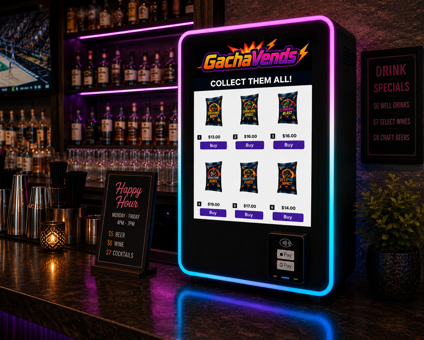 GachaVends branded machine placed in a bar