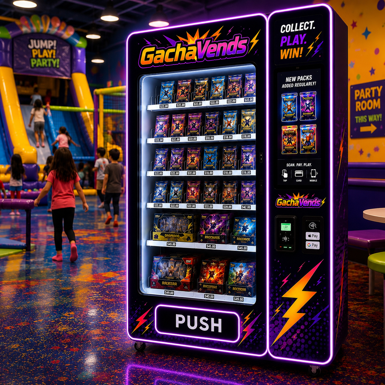 GachaVends branded machine placed in a family entertainment center