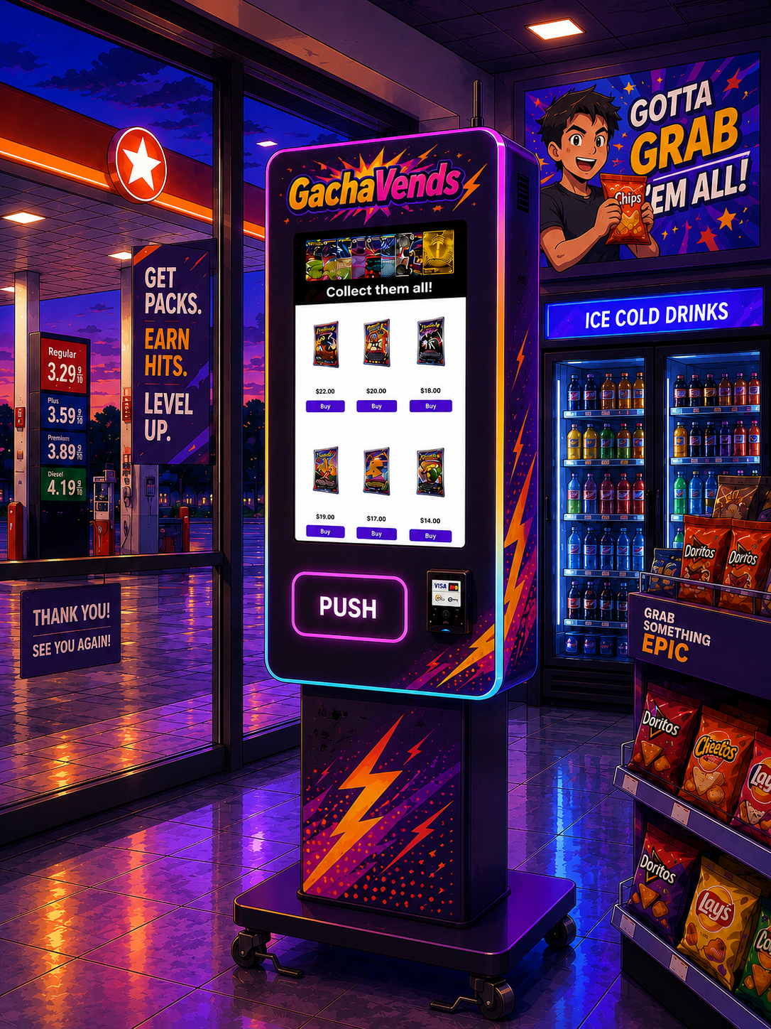 GachaVends branded machine placed in a gas station convenience store